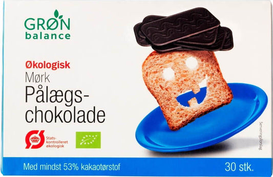 Dunkle Bio-Schokoladenscheiben von GRON BALANCE, 120 g (30 Stück), mit sichtbaren dunklen Schokoladenscheiben auf weißem Hintergrund