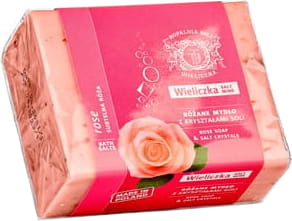 Dezente rosa Salzkristallseife von KOPALNIA SOLI WIELICZKA, 150 g, mit natürlichen Salzkristallen, handgefertigt.