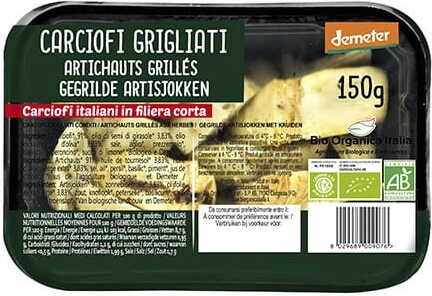 Gegrillte Artischocken in Demeter-Salzlake von BIO ORGANICA ITALIA, in Schale, 150 g, mit grillierten Röschen und grünen Blättern