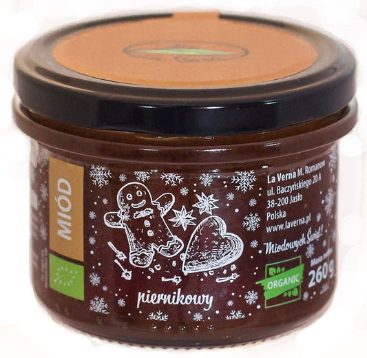 Bio Blütennektarhonig mit Lebkuchengewürz von LA VERNA, 260 g, offene Honigglas mit Honig und Gewürzen.