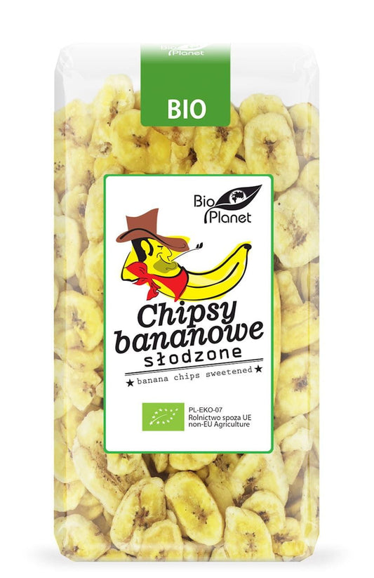 Gesüßte Bio-Bananenchips in 350 g Packung von BIO PLANET, getrocknete Bananen-Snacks mit natürlicher Süße.