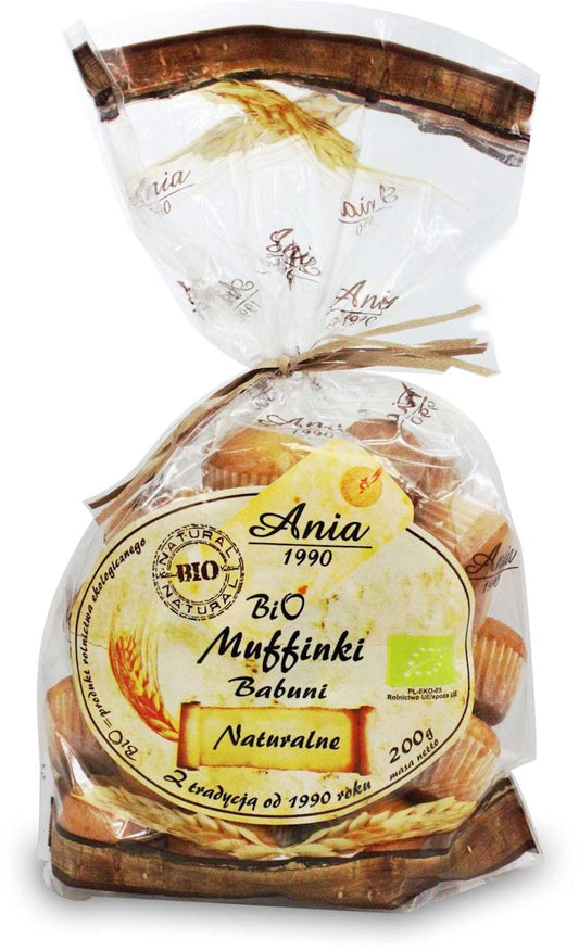 Bio Omas natürliche Muffins von BIO ANIA, frisch und saftig, in einer Packung mit sechs Muffins, perfekt für den Snack.