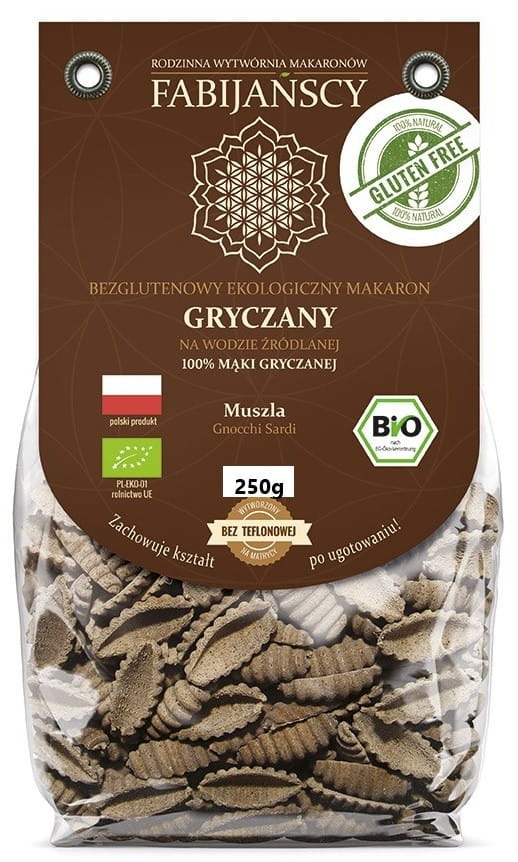 Buchweizennudeln Schalengnocchi Sardi von FABIJAŃSCY, glutenfrei, BIO, 250 g, Nahaufnahme der gekochten Gnocchi auf weißem Teller