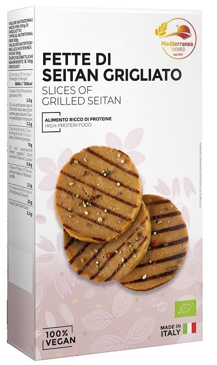 Gegrillter Bio-Seitan von MEDITERRANEA, 200 g, mit mediterranen Gewürzen und goldener Grillkruste.