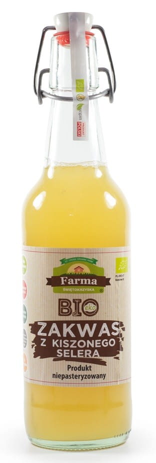 Glas mit glutenfreiem Bio-Sauerteig aus eingelegtem Sellerie von FARMA ŚWIĘTOKRZYSKA, 500 ml, sichtbar im Glas