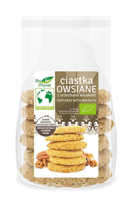Bio Haferkekse mit Walnüssen von BIO PLANET, 170 g, knusprige Kekse mit Walnussstücken auf der Verpackung