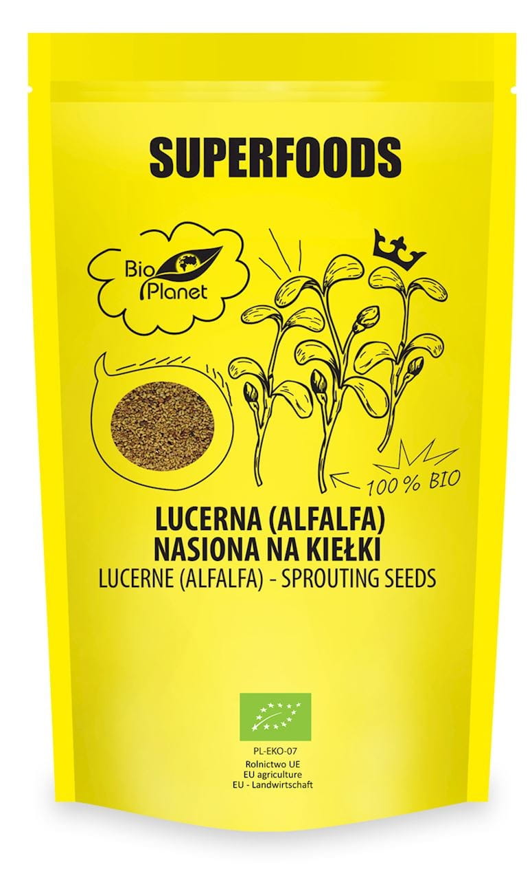 Bio Luzerne Samen für Sprossen, 200 g, von BIO PLANET, frische Alfalfa-Saaten für gesunde Keimsprossen.