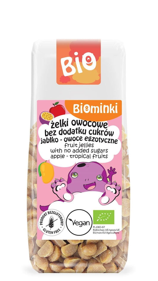 Himmlische Bio-Fruchtgelees ohne Zuckerzusatz, Apfel und exotische Früchte, 75 g, von BIOMINKI in attraktiver Verpackung