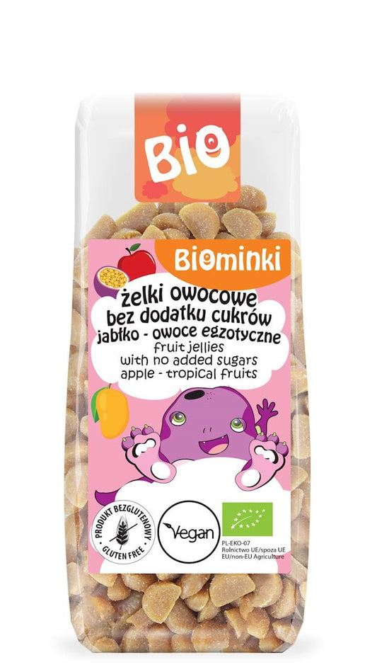 Bio Fruchtgelees ohne Zuckerzusatz mit Apfel und exotischen Früchten, 150 g, von BIOMINKI, in Glasverpackung.