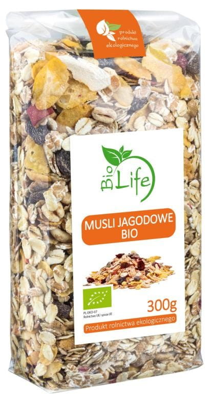 Heidelbeermüsli von BIO LIFE, 300g, mit frischen Heidelbeeren und Haferflocken in einer Packung.