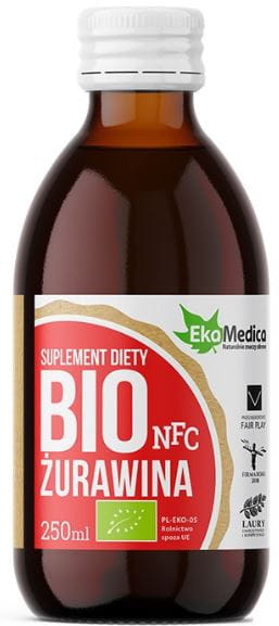 Bio NFC Preiselbeere Saft, 250 ml, EKAMEDICA, naturtrüber Preiselbeersaft in Flasche, frisch und aromatisch.
