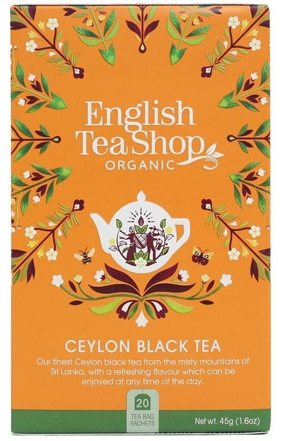 Schwarzer Ceylon Tee von ENGLISH TEA SHOP, 45 g BIO, 20 Teebeutel, in Packung sichtbar