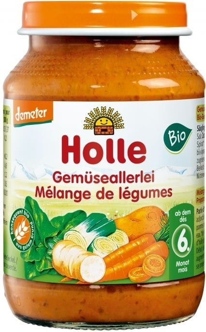 Babyschale mit BIO Gemüsemischung, 190 g von HOLLE, zeigt eine offene Verpackung mit buntem Gemüse für Babys.