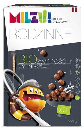 Bio Roggen-Haferbällchen mit Kakao „Agility“ von MILZU, 400 g, nahe Ansicht der schokoladigen Haferkugeln in der Packung