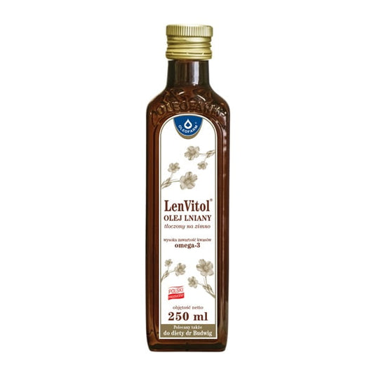 Kaltgepresstes Leinöl von OLEOFARM in 250ml Flasche, dunkelgrüne Flasche mit Naturtextur im Hintergrund