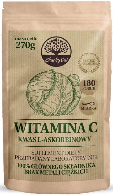Vitamin C aus Kohl, L-Säure, Ascorbin von SKARBY GAI, in 270 g Verpackung, zeigt das Produkt in einer Dose auf weißem Hintergrund