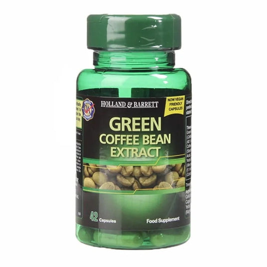Grüner Kaffeebohnen-Extrakt in HOLLAND & BARRETT Kapseln, 42 Stück, nahaufnahme der Kapseln in einer Packung