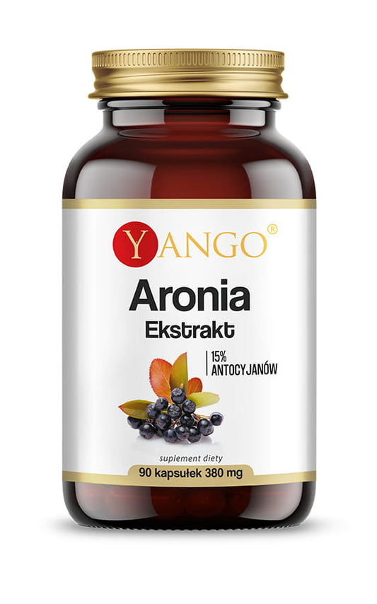 YANGO Aronia-Extrakt in 90 Kapseln, Nahaufnahme der Kapseln und Verpackung auf weißem Hintergrund