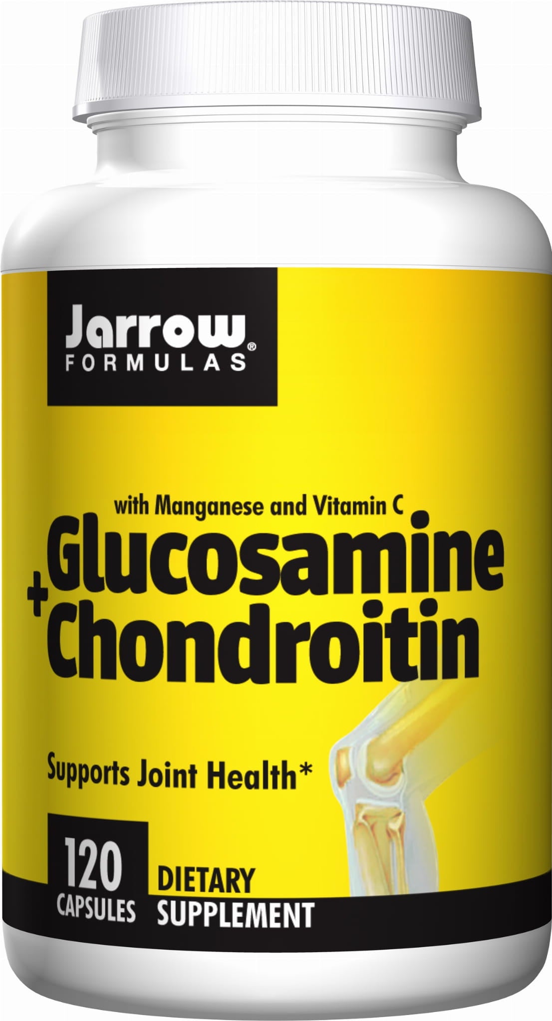Glucosamin mit Chondroitin in 120 Kapseln von Jarrow Formulas, Nahaufnahme der Kapseln in einem Glas.