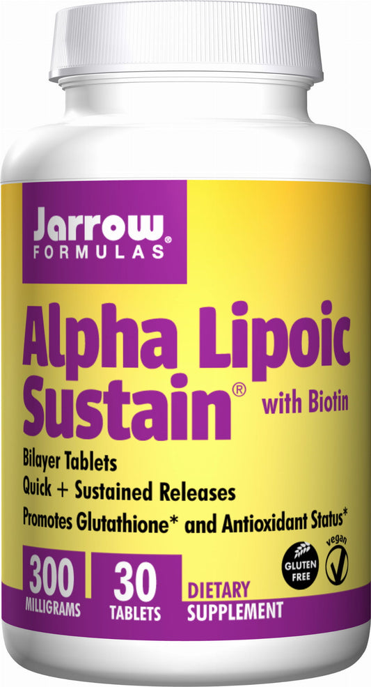 JARROW FORMULEN Alpha-Liponsäure und Biotin Tabletten, 30 Stück, Nahaufnahme der Verpackung und Tabletten