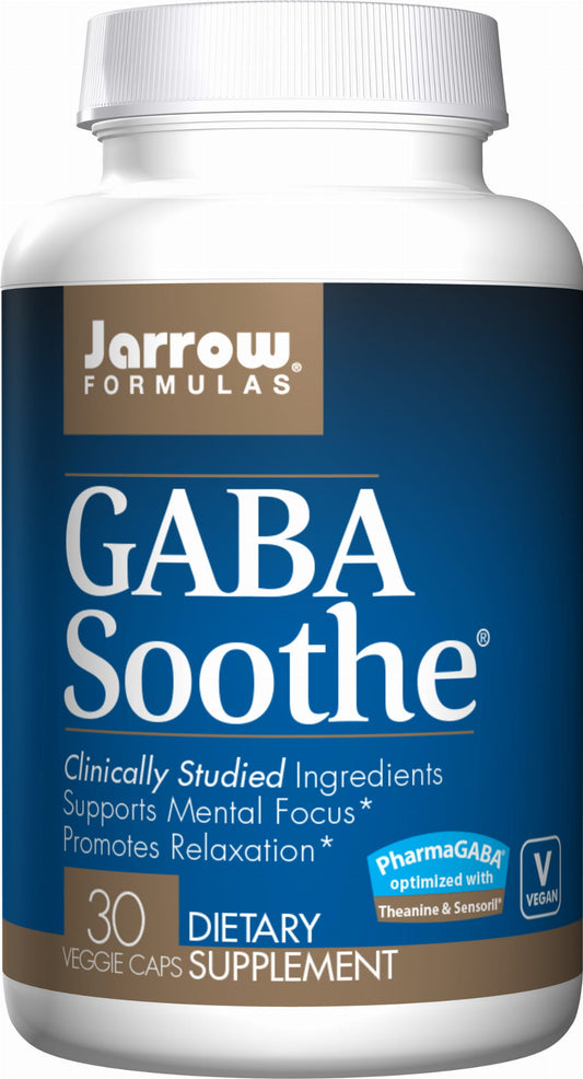 Jarrow Formulas Gaba Beruhigen Kapseln, 30 Stück, Nahaufnahme der schwarzen Kapseln in einer weißen Verpackung