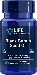 Schwarzkümmelöl in 60 Kapseln von LIFE EXTENSION, zur Unterstützung der Lebensverlängerung, zeigt die Kapseln in einer Packung.