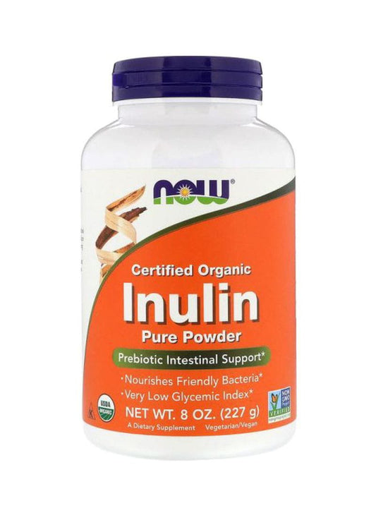 Bio-Inulin von NOW Foods, 227 g, feines Pulver für Ballaststoffe und Verdauungshilfe, in praktischer Verpackung sichtbar.