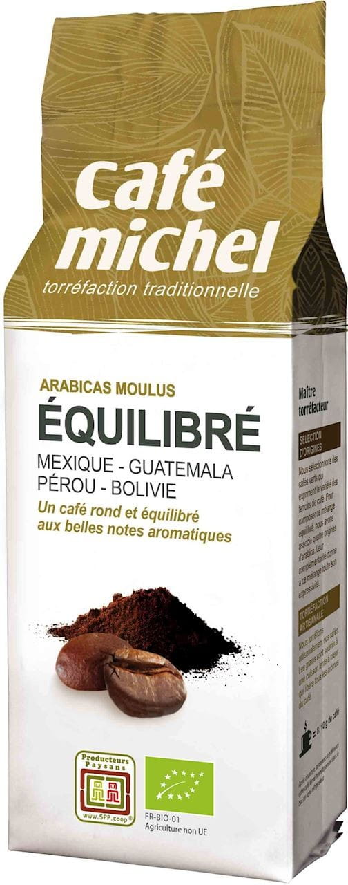 Gemahlener Arabica Kaffee von CAFE MICHEL, fair gehandelt, Bio-Qualität, 250 g, in einer Verpackung mit Kaffeebohnen und Mahlgrad.