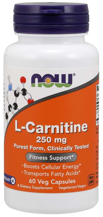 L-Carnitin Carnipure 250 mg Kapseln von NOW FOODS, 60 Stück, Nahaufnahme der Kapseln in einer Packung