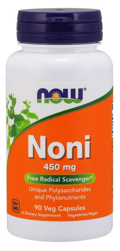 Noni 450 MG Kapseln von NOW FOODS, 90 Stück, Nahaufnahme der weißen Kapseln in einer Packung