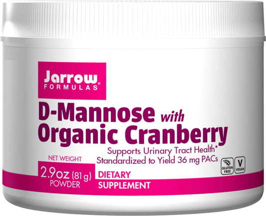 Jarrow Formulas Dmannose mit Bio-Cranberry in 81 g Jar, natürliche Ergänzung gegen Blasenbeschwerden, zeigt die Packung und Inhaltsstoffe.