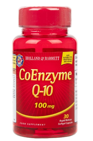 HOLLAND & BARRETT Coenzym Q10 100 MG Kapseln, 30 Stück, Nahaufnahme der Verpackung und Kapseln auf weißem Hintergrund