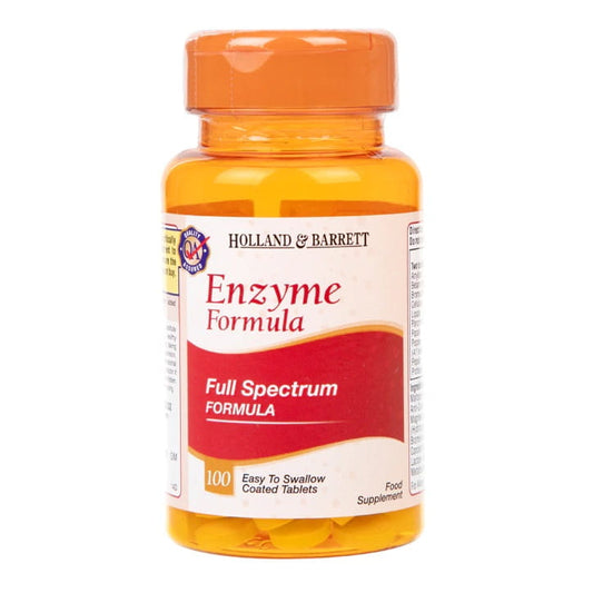 Holland & Barrett Enzymformel Tabletten, 100 Stück, Nahaufnahme der Verpackung und Tabletten auf weißem Hintergrund
