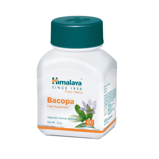 HIMALAYA Bacopa Brahmi Kapseln, 60 Stück, zeigt die Flasche mit braunen Kapseln auf weißem Hintergrund