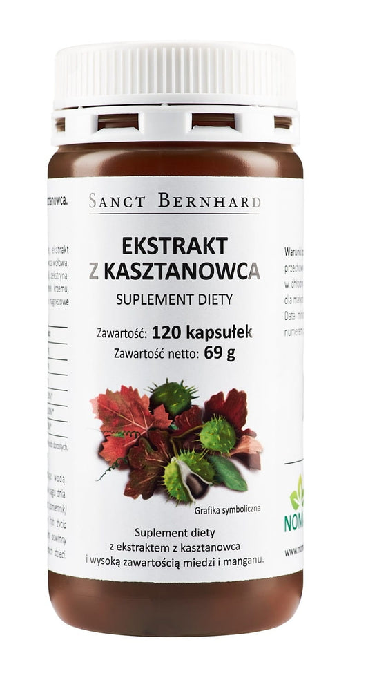 Rosskastanienextrakt in 120 Kapseln, von Kräuterhaus Sanct Bernhard, zeigt die Verpackung und Kapseln auf weißem Hintergrund.