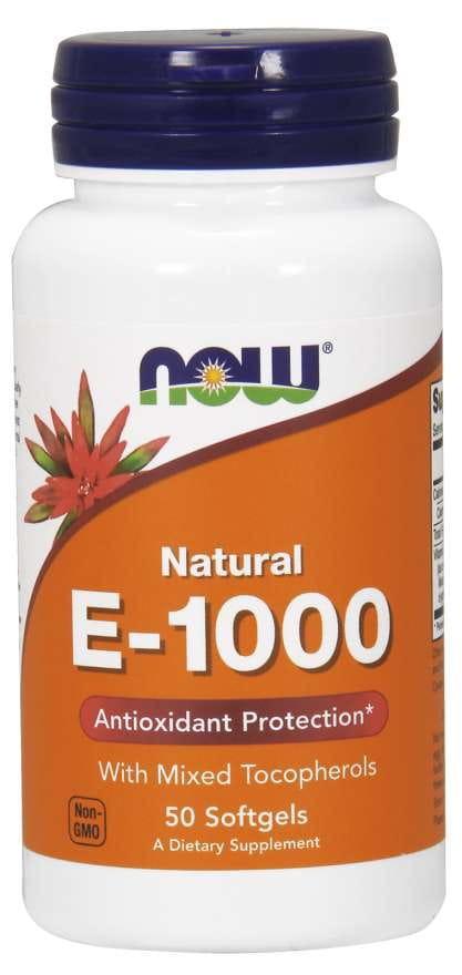 Vitamin E 1000 IE Kapseln von NOW FOODS, Nahaufnahme der Gelkapseln in einer Packung, antioxidative Nahrungsergänzung.