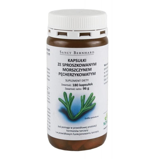 Blasentang Kapseln von Kräuterhaus Sanct Bernhard, 180 Stück, zeigt die Verpackung und Blasentang-Plant in natürlicher Umgebung.