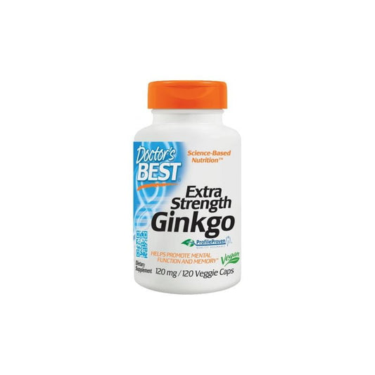 Ginkgo-Biloba-Extrakt in 120 Kapseln von DOCTOR'S BEST, Nahaufnahme der Verpackung und Kapseln