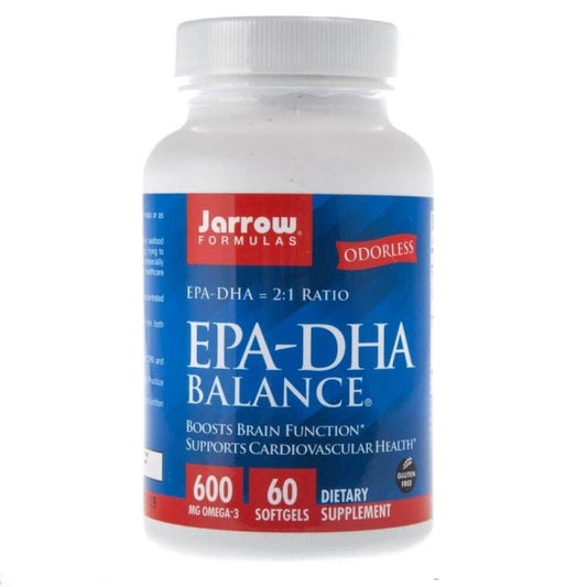 EPA DHA Balance Kapseln von Jarrow Formulas in einer transparenten JAR mit 60 Kapseln, Nahaufnahme der Produktverpackung
