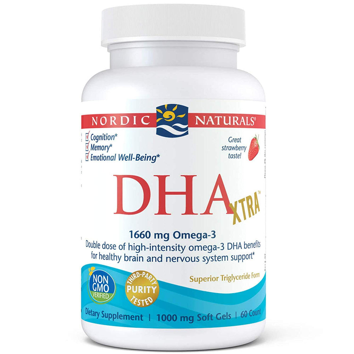 NORDIC NATURALS DHA xtra Omega-3-Öl in 60 Kapseln, cremiges Öl mit Fischöl für Herz und Gehirn, auf weißem Hintergrund