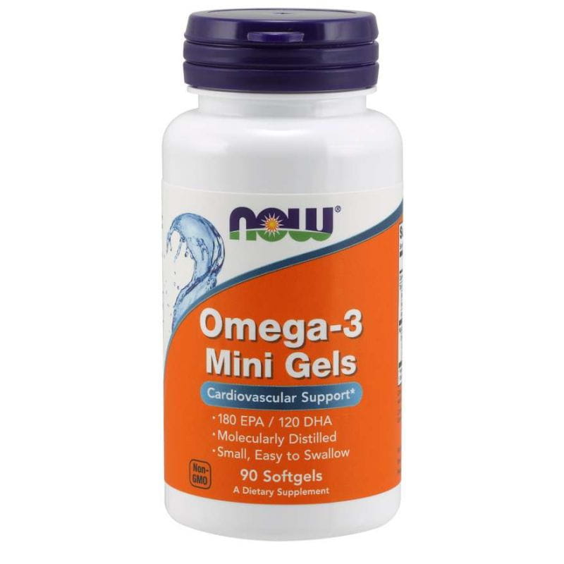 Omega 3 Mini-Gele mit DHA und EPA in 90 Kapseln von NOW FOODS, zeigt die Kapseln in einer offenen Packung.