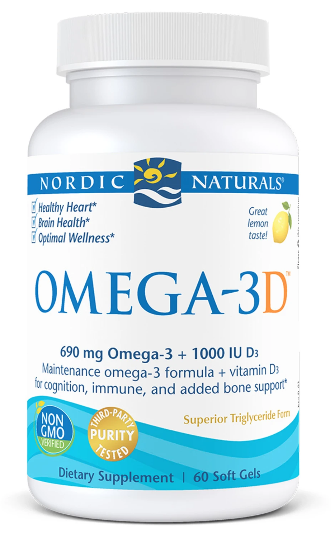 NORDIC NATURALS Omega-3d 60 Kapseln, pflanzliche Fischöl-Kapseln, Nahaufnahme der Verpackung und Kapseln