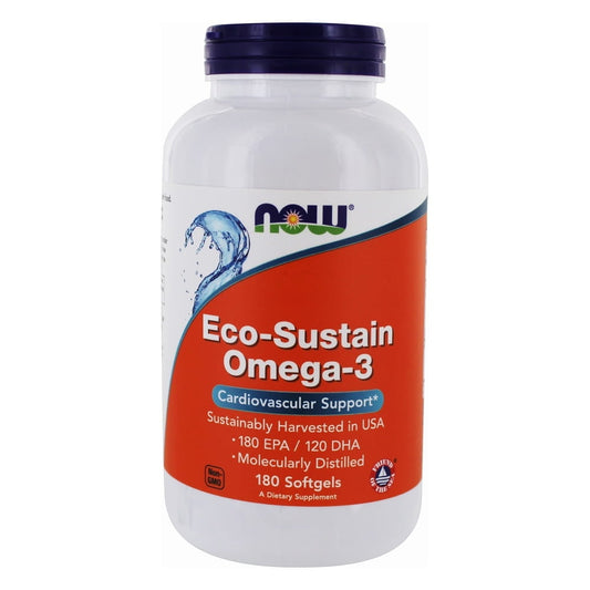 Ecosustain OMEGA3 180 Kapseln von NOW FOODS, Omega-3-Fischölkapseln in einer weißen Packung, Nahaufnahme