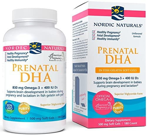 Pränatales DHA in Fischgelatine Kapseln von Nordic Naturals, 180 Stück, für Schwangere und werdende Mütter.