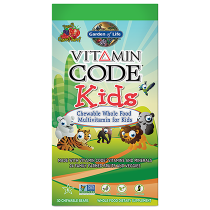 Vitamincode Kinder Tabletten von GARDEN OF LIFE, 30 Stück, natürliche Nahrungsergänzung für Kinder, auf weißem Hintergrund