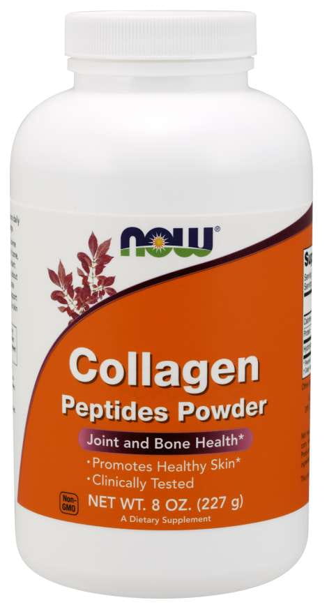 Kollagenpeptidpulver von NOW FOODS, 227 g, in einer transparenten Verpackung mit Pulver, ideal für Gelenke und Hautpflege.