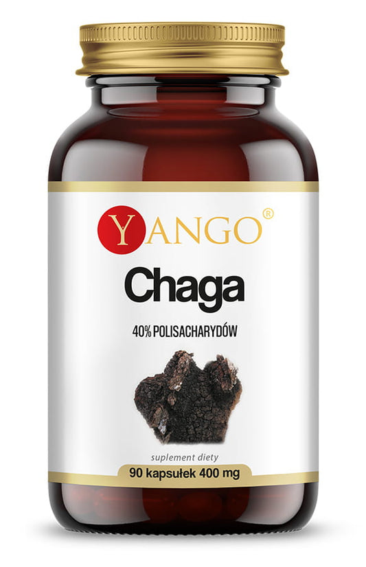 YANGO Chaga-Extrakt 40 % Polysaccharide in 90 Kapseln, Nahaufnahme der Verpackung und Kapseln gegenals Produktabbildung
