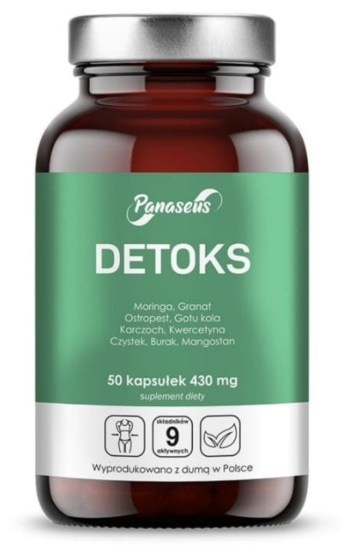 Detox 50 Kapseln von PANASEUS, offene Packung mit Kapseln und Detox-Produkt auf weißem Hintergrund
