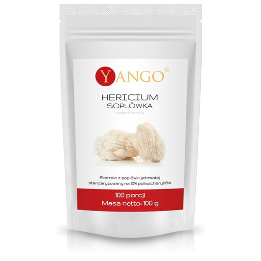 Hericium-Extrakt 10 % Polysaccharide, 100 g von YANGO, Nahaufnahme der weißen Pilz-Extrakt Verpackung