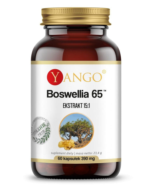 YANGO Boswellia 65 Kapseln, natürliche Ergänzung mit 60 Kapseln, sichtbare Verpackung und Kapseln auf weißem Hintergrund